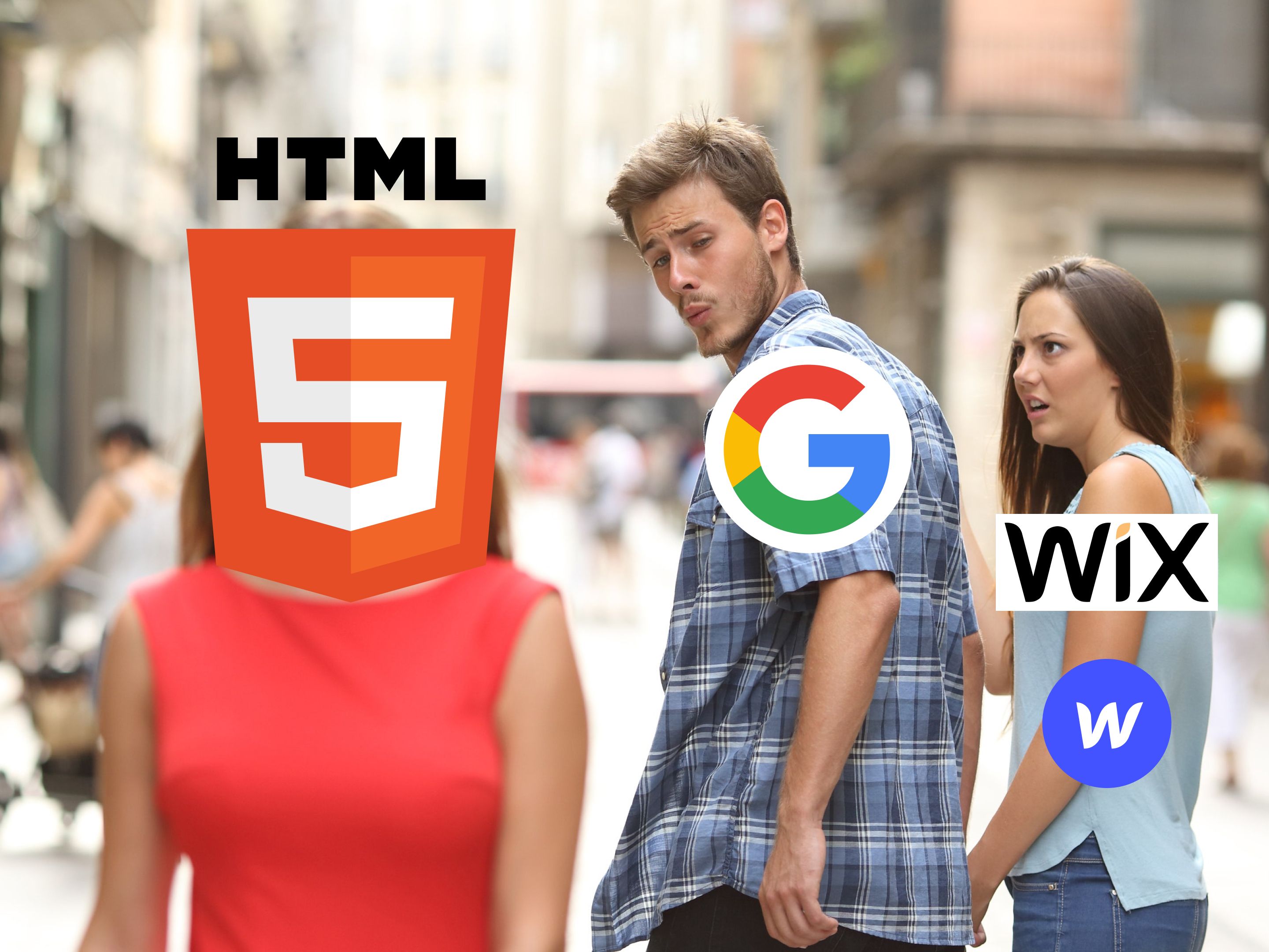 Meme-Bild mit drei Personen. Eine Person im Vordergrund ist durch das Logo von HTML5 ersetzt, während die zweite Person, die sich gespannt umdreht, durch das Google-Logo ersetzt wird und eine dritte, schockierte und eifersüchtige Person im Hintergrund durch das Wix-Logo.