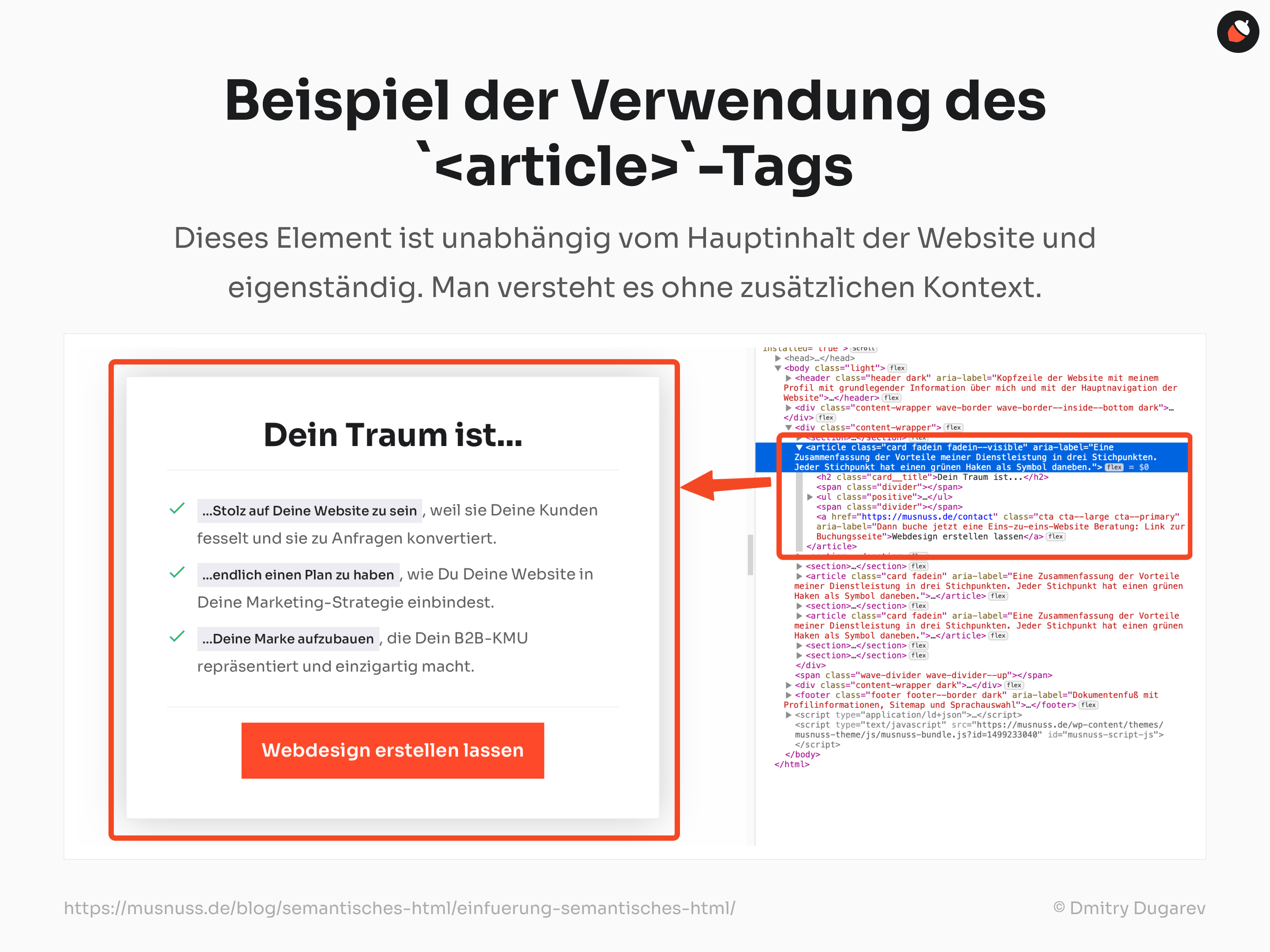 Ein Beispiel für die Verwendung des <article>-Tags in HTML, das ein eigenständiges Inhaltselement zeigt, das unabhängig vom Hauptinhalt der Website ist und ohne zusätzlichen Kontext verstanden werden kann.