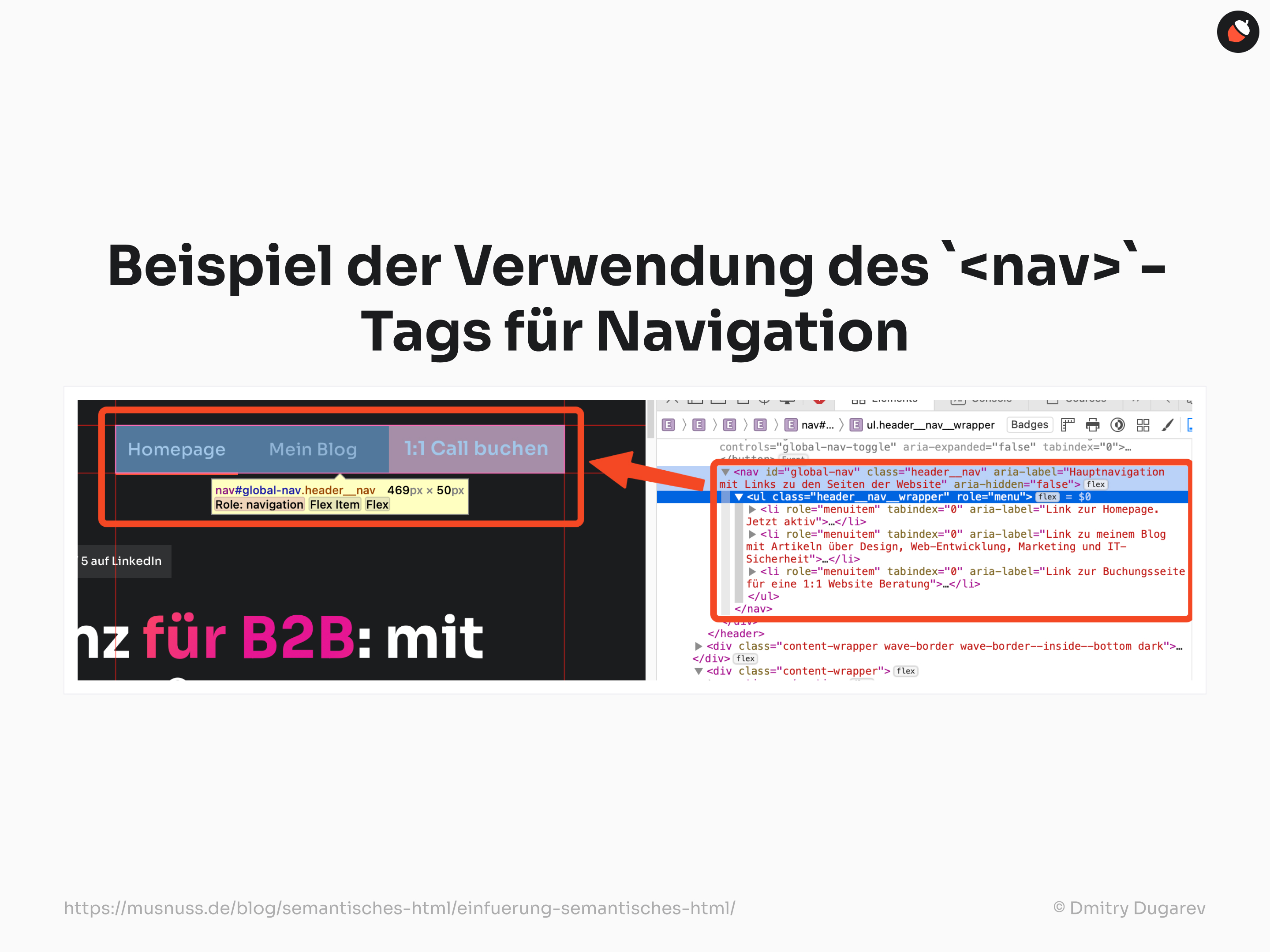 Ein Beispiel für die Verwendung des <nav>-Tags in HTML zur Navigation, das zeigt, wie Links zu verschiedenen Seiten der Website strukturiert werden.
