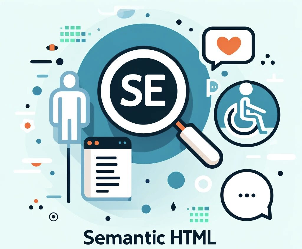 Das Bild zeigt eine moderne und saubere Grafik mit symbolischen HTML5-Elementen, die Barrierefreiheit und SEO-Optimierung darstellen.