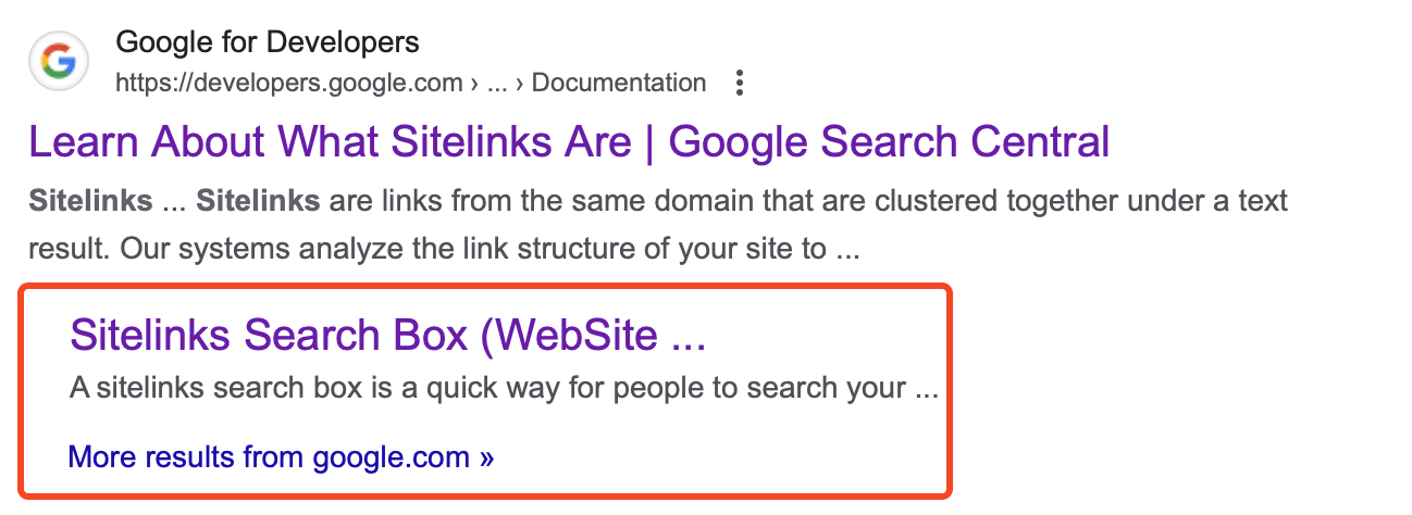 Google-Suchergebnis für 'Sitelinks' mit einem Link zu einer Seite von Google für Entwickler, einem Abschnitt über Sitelinks und einem hervorgehobenen Link zu 'Sitelinks Search Box (WebSite ...)' mit dem Text 'More results from google.com'.