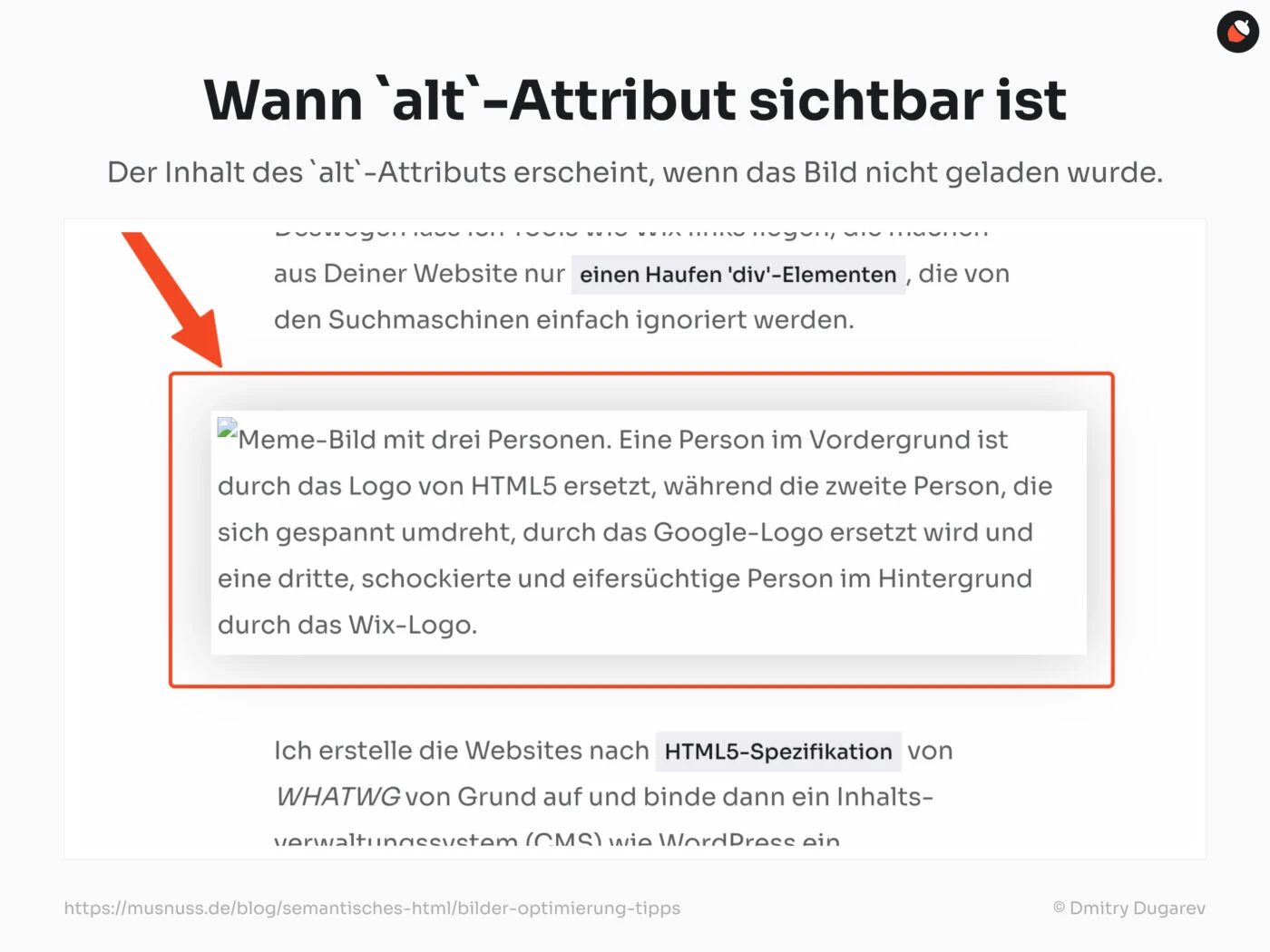 Das Bild zeigt eine HTML-Seite, auf der der alt-Text eines nicht geladenen Bildes sichtbar ist. Ein roter Pfeil weist auf die Textbeschreibung hin, die erscheint, wenn das Bild nicht geladen wird.