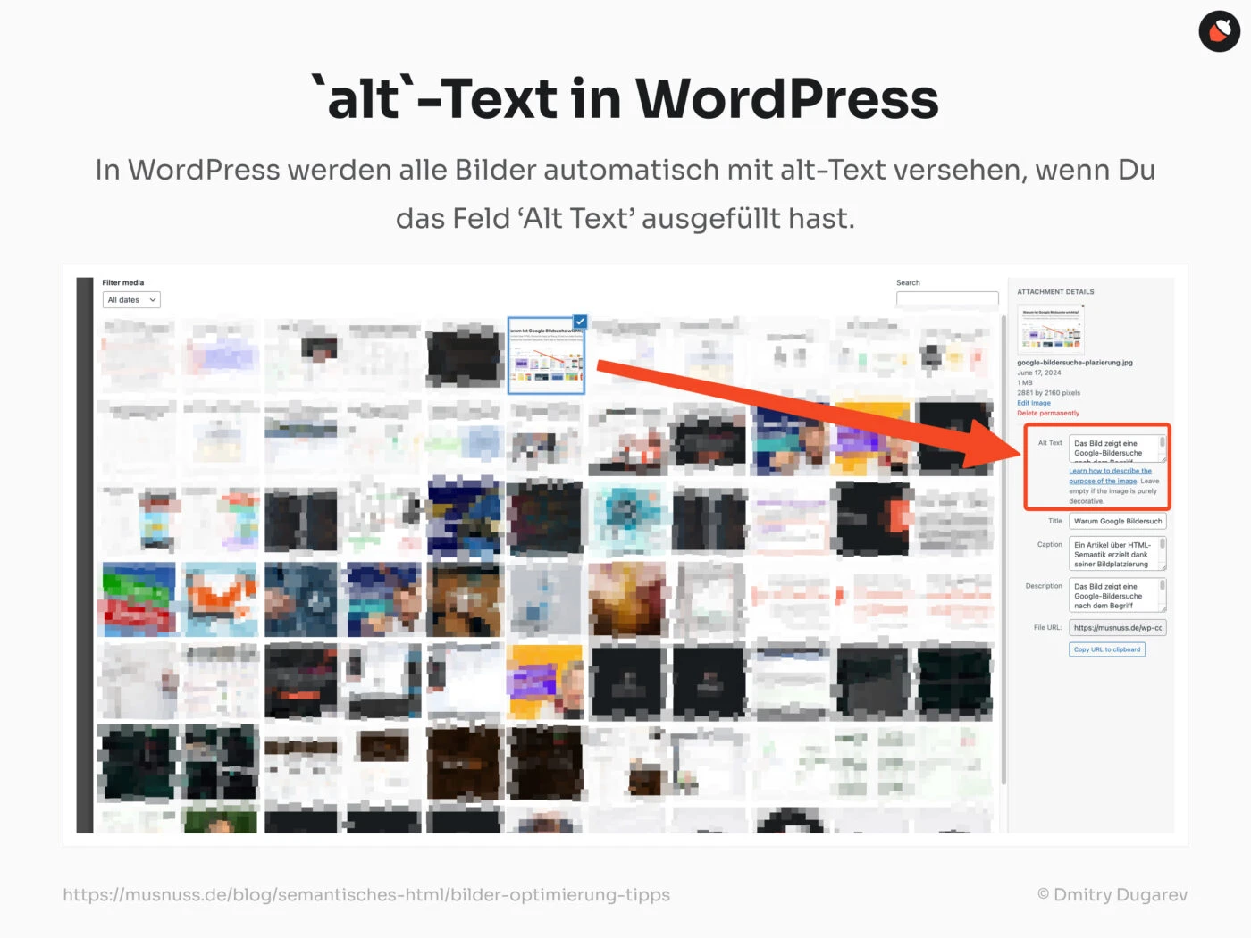 Das Bild zeigt das Medien-Upload-Interface von WordPress. Ein roter Pfeil weist auf das Feld 'Alt Text' in den Attachment-Details hin. Der Text erklärt, dass in WordPress alle Bilder automatisch mit alt-Text versehen werden, wenn das Feld 'Alt Text' ausgefüllt ist.