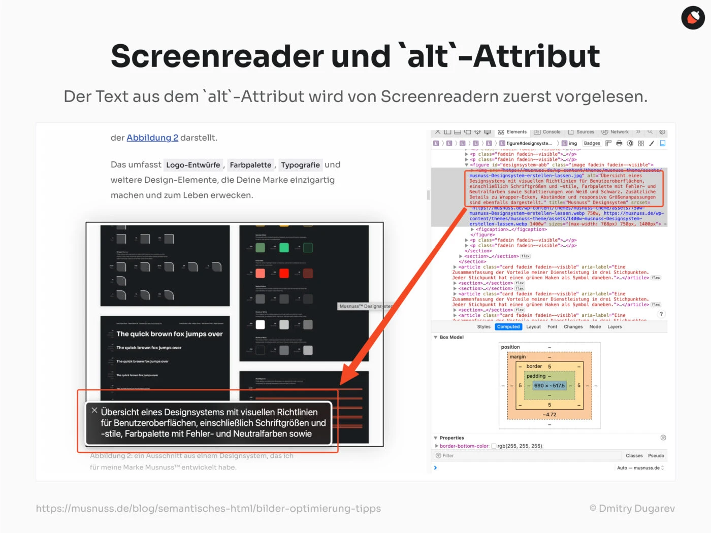 Das Bild zeigt einen Screenshot eines Designsystems mit visuellem Inhalt und HTML-Code auf der rechten Seite. Ein roter Pfeil zeigt auf den alt-Text im HTML-Code, der von VoiceOver vorgelesen wird.