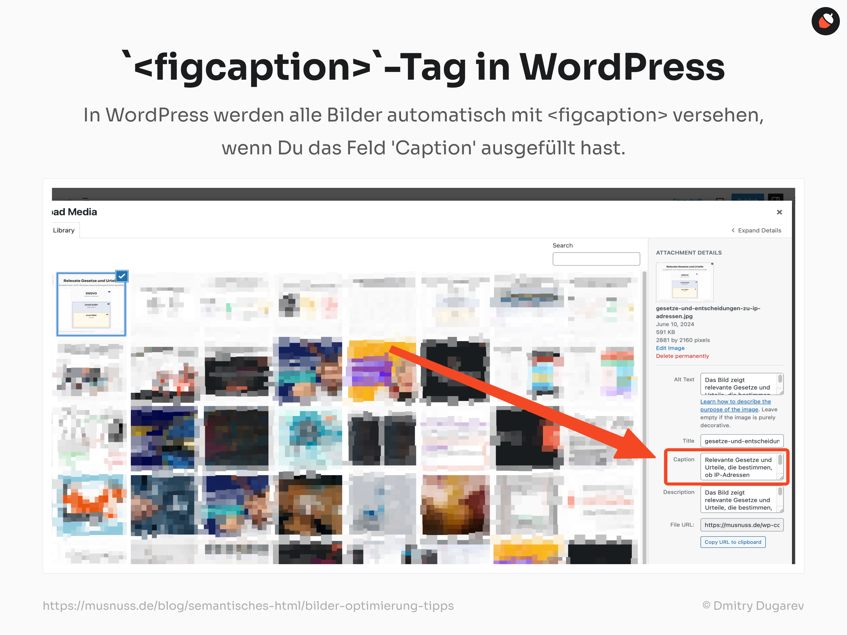 Das Bild zeigt das Medien-Upload-Interface von WordPress. Ein roter Pfeil weist auf das Feld 'Caption' in den Attachment-Details hin. Der Text erklärt, dass in WordPress alle Bilder automatisch mit dem <figcaption>-Tag versehen werden, wenn das Feld 'Caption' ausgefüllt ist.