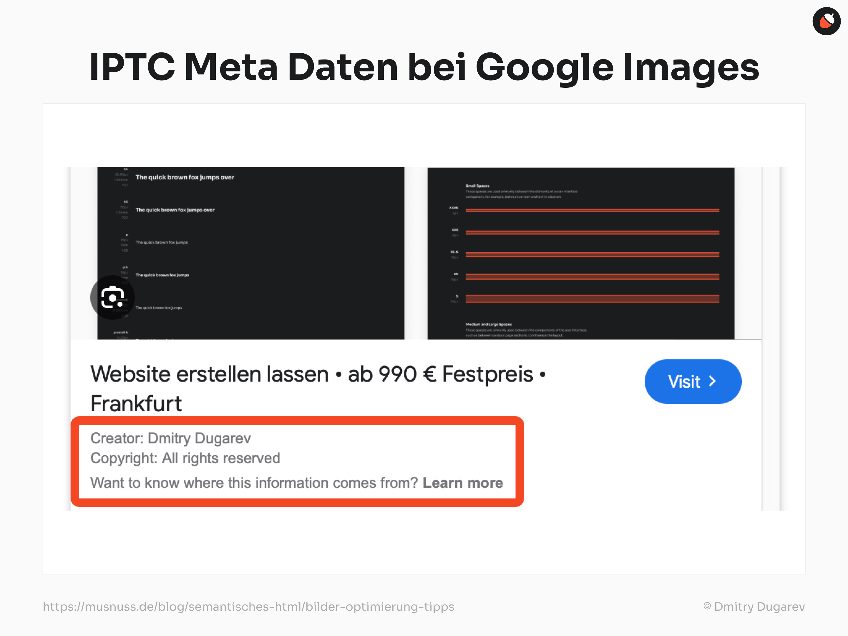 Das Bild zeigt ein Beispiel von Google Images, in dem die IPTC-Metadaten eines Bildes angezeigt werden. Es enthält Informationen über den Ersteller und das Copyright des Bildes. Ein roter Rahmen hebt diese Informationen hervor.