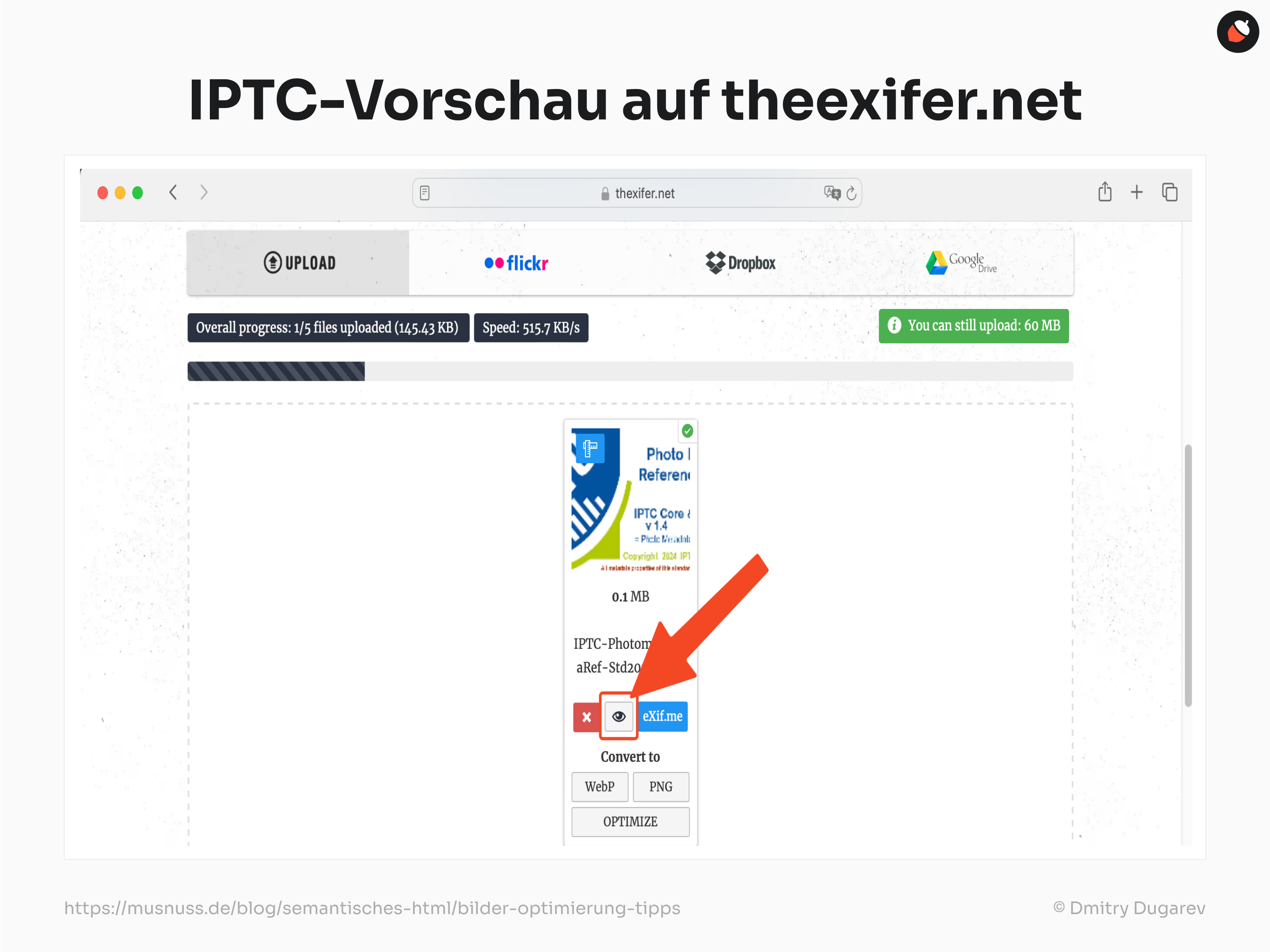 Das Bild zeigt die Benutzeroberfläche der Website theexifer.net, auf der eine Datei hochgeladen wird, um IPTC-Metadaten anzuzeigen. Ein roter Pfeil zeigt auf ein Augensymbol, das zur Vorschau der IPTC-Daten verwendet wird.