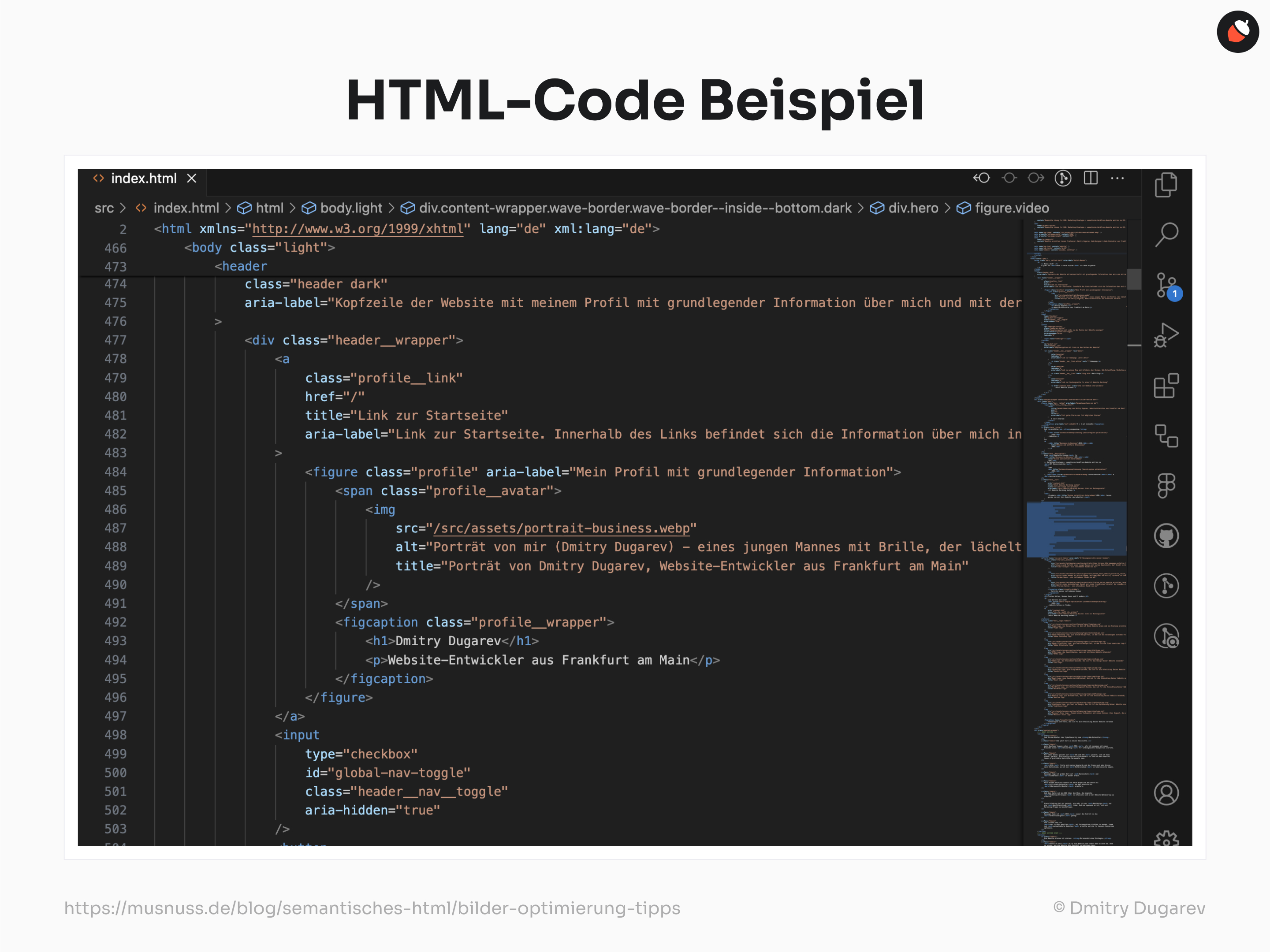 Das Bild zeigt ein Beispiel eines HTML-Codes in einem dunklen Texteditor. Der Code beinhaltet semantische HTML-Tags und beschreibt das Profil eines Website-Entwicklers namens Dmitry Dugarev. Der Abschnitt enthält Tags wie <header>, <div>, <figure>, <span>, <img decoding=