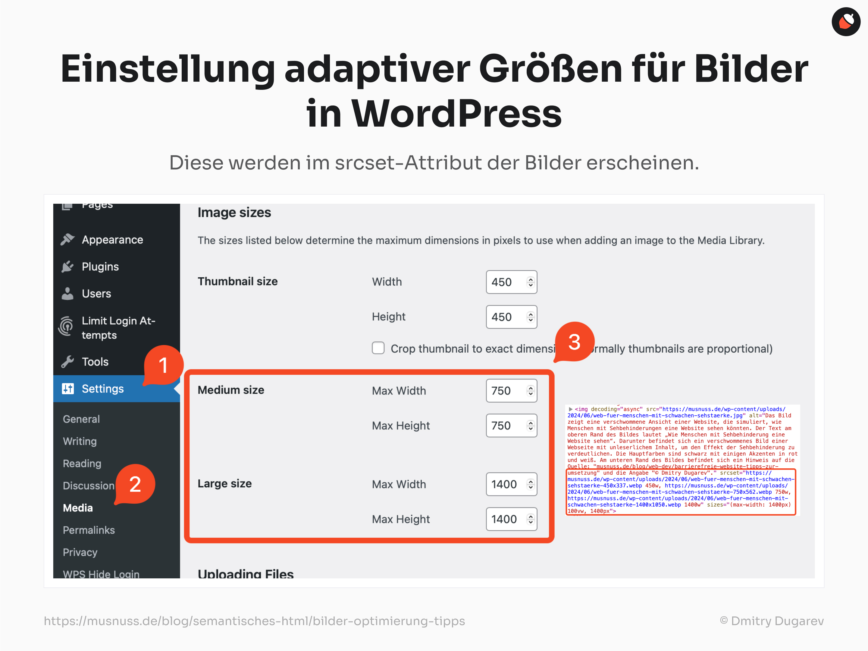 Das Bild zeigt die Einstellungen für Bildgrößen in WordPress. Es hebt die Optionen für mittlere und große Bildgrößen hervor, die in den srcset-Attributen der Bilder verwendet werden. Die Einstellungen werden im Menü unter 'Settings' und 'Media' konfiguriert.