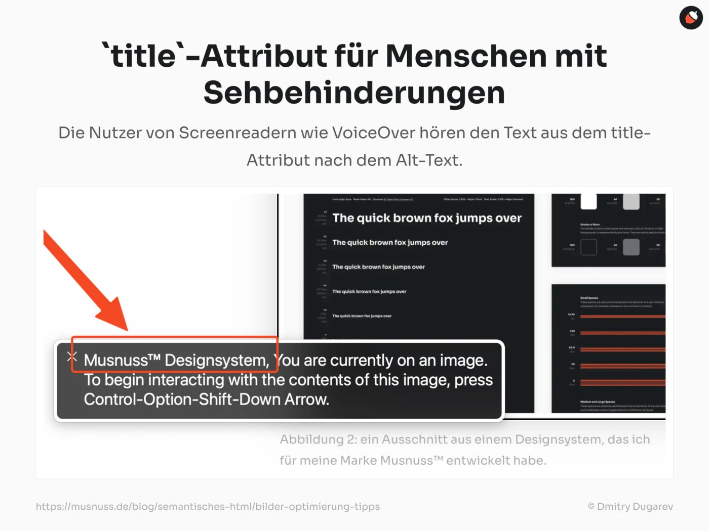 Das Bild zeigt einen Screenshot eines Designsystems und den zugehörigen HTML-Code. Ein roter Pfeil zeigt auf das title-Attribut im HTML-Code, das von Screenreadern nach dem alt-Text vorgelesen wird.