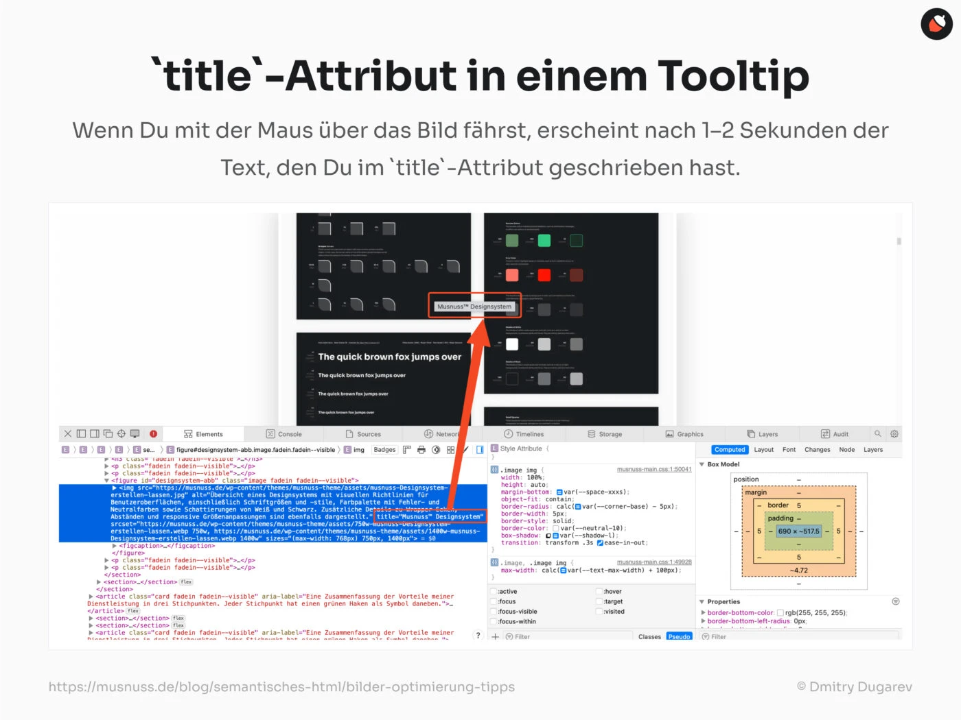 Das Bild zeigt einen Screenshot eines HTML-Dokuments mit einem Bild. Ein roter Pfeil zeigt auf den Tooltip, der den Text aus dem title-Attribut anzeigt, wenn man mit der Maus über das Bild fährt.