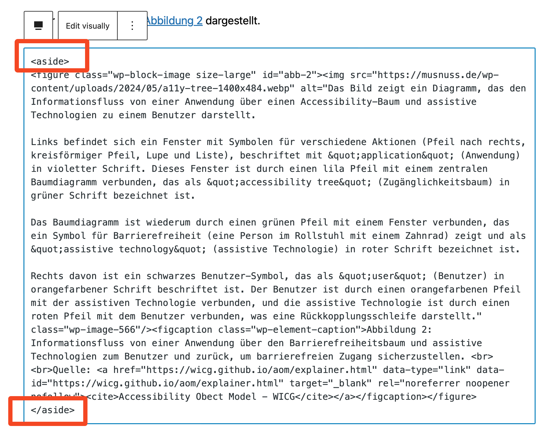 Das Bild zeigt den HTML-Code eines Interface-Elements in WordPress. Der Code ist in einem -Tag eingebettet und enthält ein -Element mit einem Bild (-Tag) und einer Bildunterschrift (-Tag). Der Code beschreibt den Informationsfluss von einer Anwendung über einen Accessibility-Baum und assistive Technologien zu einem Benutzer.