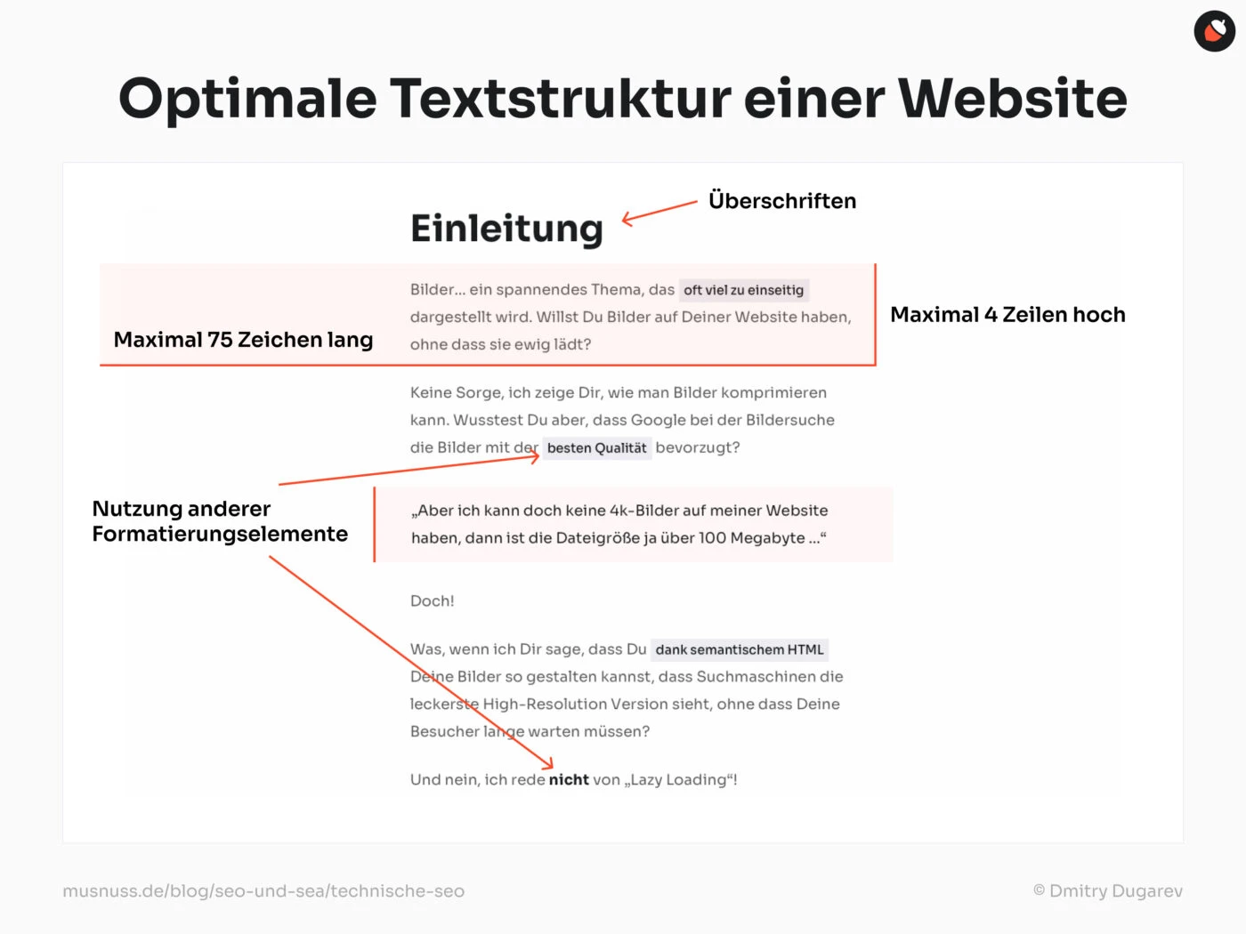 Das Bild zeigt eine Anleitung zur optimalen Textstruktur einer Website mit dem Titel "Optimale Textstruktur einer Website". Es werden verschiedene Aspekte der Textformatierung hervorgehoben. Die Einleitung sollte maximal 75 Zeichen lang sein. Überschriften sind ebenfalls wichtig und sollten verwendet werden. Textblöcke sollten nicht höher als 4 Zeilen sein. Außerdem wird die Nutzung anderer Formatierungselemente wie fettgedruckter Text oder Hervorhebungen empfohlen. Die Quelle des Bildes ist "musnuss.de/blog/seo-und-sea/technische-seo" und es wurde von Dmitry Dugarev erstellt.