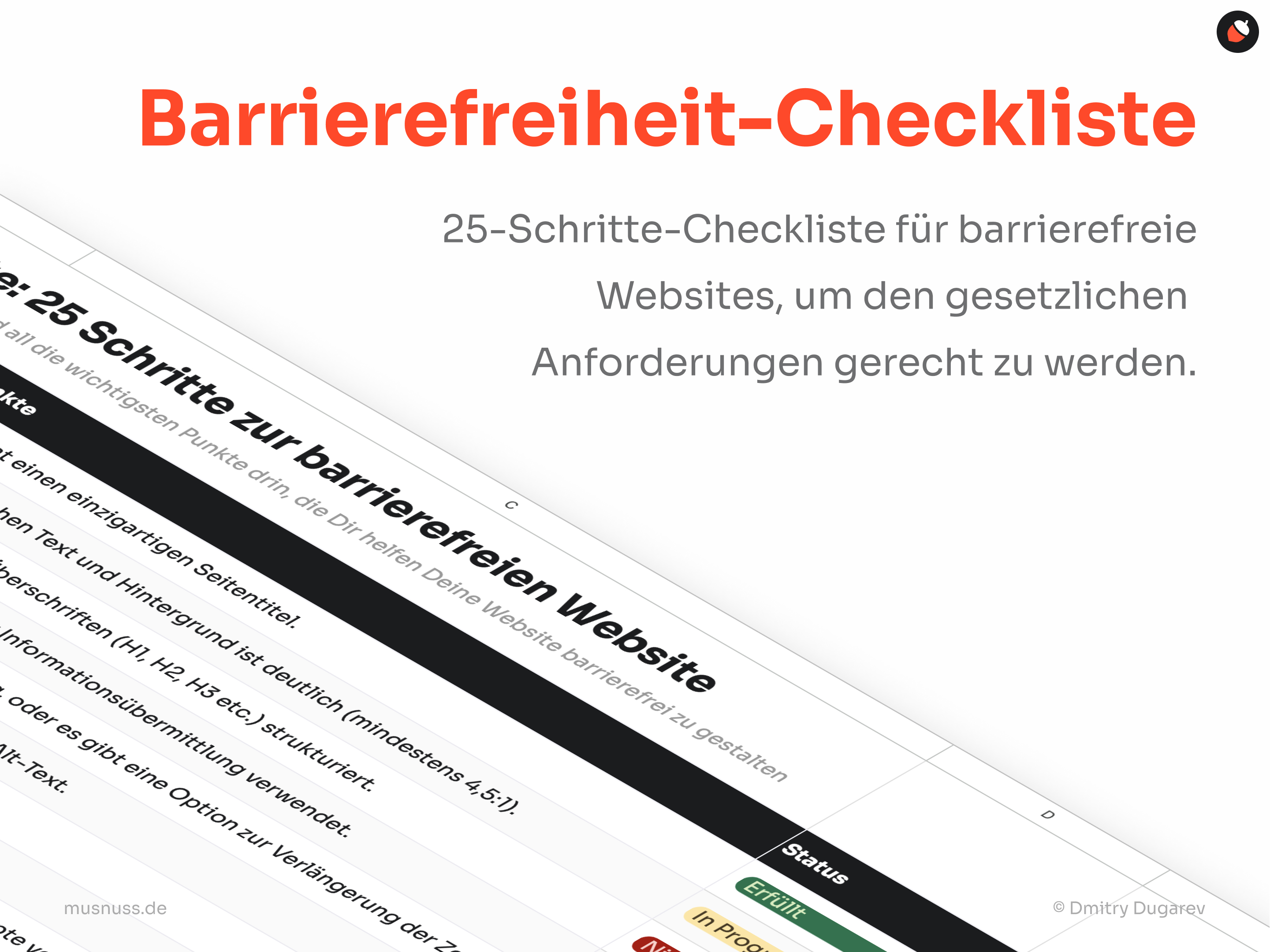 Eine Barrierefreiheit-Checkliste für Websites wird angezeigt, die 25 Schritte enthält, um sicherzustellen, dass Websites den gesetzlichen Anforderungen an Barrierefreiheit gerecht werden.