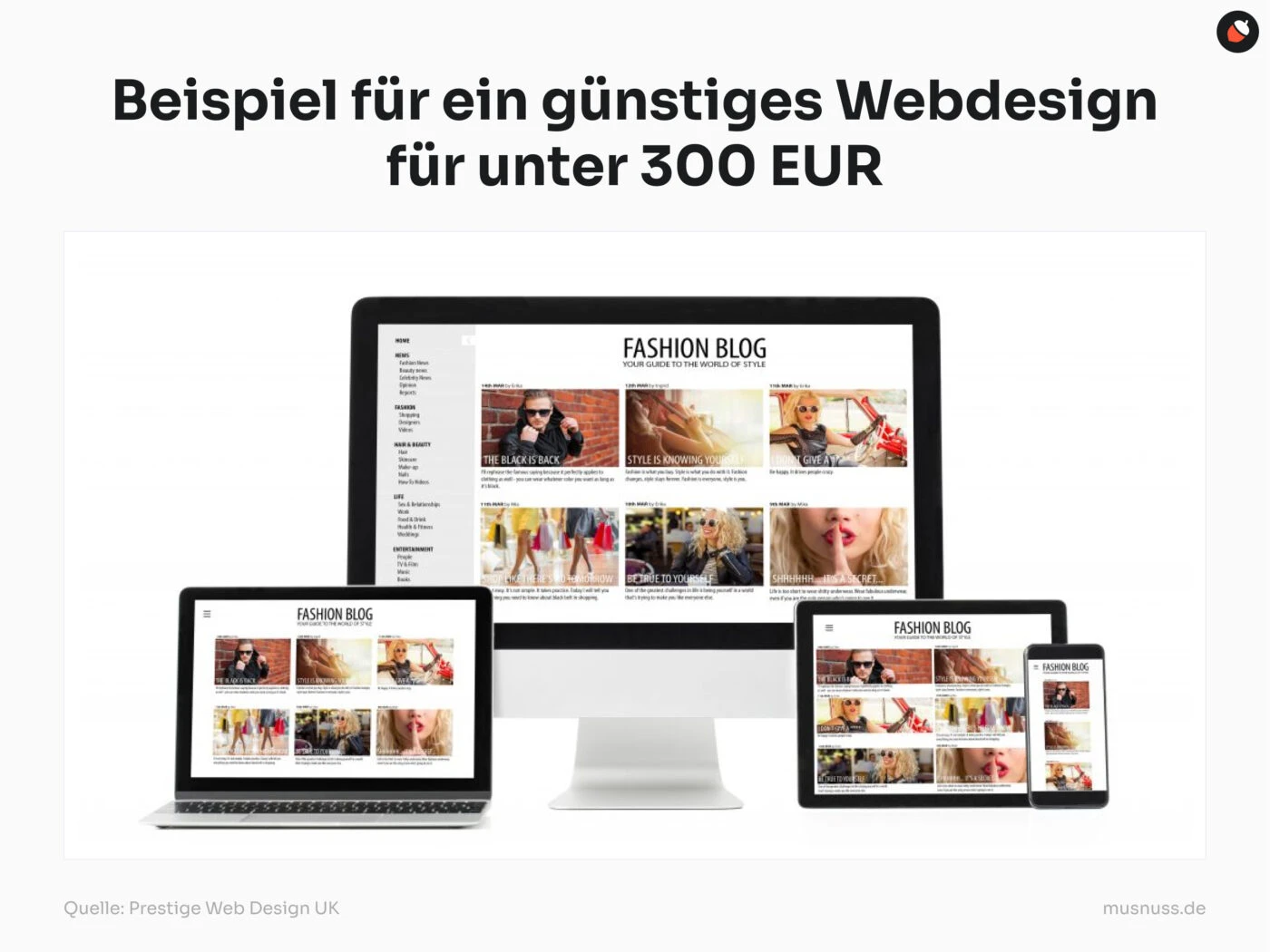 Beispiel eines günstigen Webdesigns für unter 300 EUR: Das Bild zeigt ein responsives Website-Design mit einem Fashion-Blog, der auf verschiedenen Geräten wie einem Desktop-Computer, einem Laptop, einem Tablet und einem Smartphone dargestellt wird. Die Website präsentiert mehrere Bilder und Artikelvorschauen in einem modernen Layout