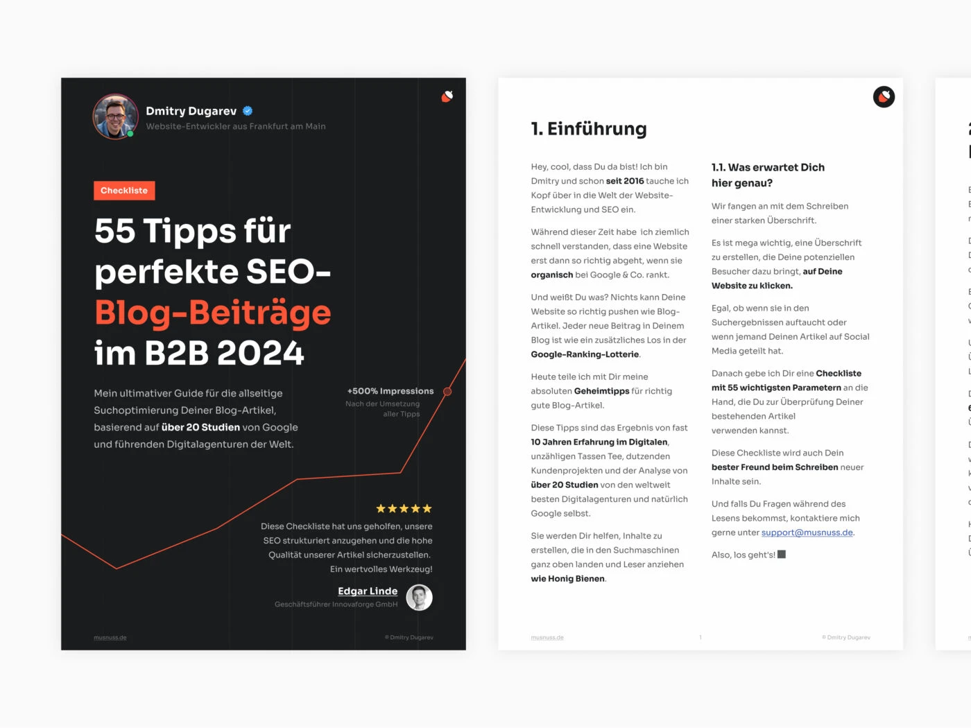 Das Bild zeigt eine zweiseitige Übersicht mit dem Titel "55 Tipps für perfekte SEO-Blog-Beiträge im B2B 2024", erstellt von Dmitry Dugarev, einem Website-Entwickler aus Frankfurt am Main. Auf der linken Seite wird eine Einführung in die Checkliste gegeben, die auf über 20 Studien basiert und sich auf die Suchmaschinenoptimierung von Blog-Artikeln konzentriert. Es wird versprochen, dass die Umsetzung der Tipps zu einer Steigerung der Impressionen um +500% führen kann. Die rechte Seite beginnt mit einer detaillierten Einführung und erklärt, was den Leser in dem Dokument erwartet, einschließlich einer Checkliste mit den 55 wichtigsten Parametern für erfolgreiche Blog-Beiträge.