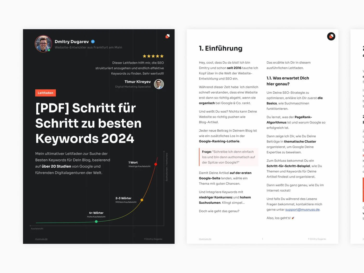 Das Bild zeigt eine Werbegrafik für einen Leitfaden von Dmitry Dugarev mit dem Titel "[PDF] Schritt für Schritt zu besten Keywords 2024". Dmitry Dugarev ist als Website-Entwickler aus Frankfurt am Main dargestellt. Ein Zitat von Edgar Linde, Geschäftsführer der elintech GmbH, lobt den Leitfaden als sehr wertvoll und hilfreich für die strukturierte SEO. Der Leitfaden basiert auf über 20 Studien von Google und führenden Digitalagenturen weltweit und hilft bei der Suche nach den besten Keywords für Blogs. Eine Grafik unten veranschaulicht die Beziehung zwischen der Anzahl der Wörter in Keywords und deren Kaufabsicht sowie Konkurrenz. Ein-Wort-Keywords haben eine niedrige Kaufabsicht und hohe Konkurrenz, während Keywords mit vier oder mehr Wörtern eine hohe Kaufabsicht und geringe Konkurrenz haben. Die Quelle ist musnuss.de und die Grafik wurde von Dmitry Dugarev erstellt.