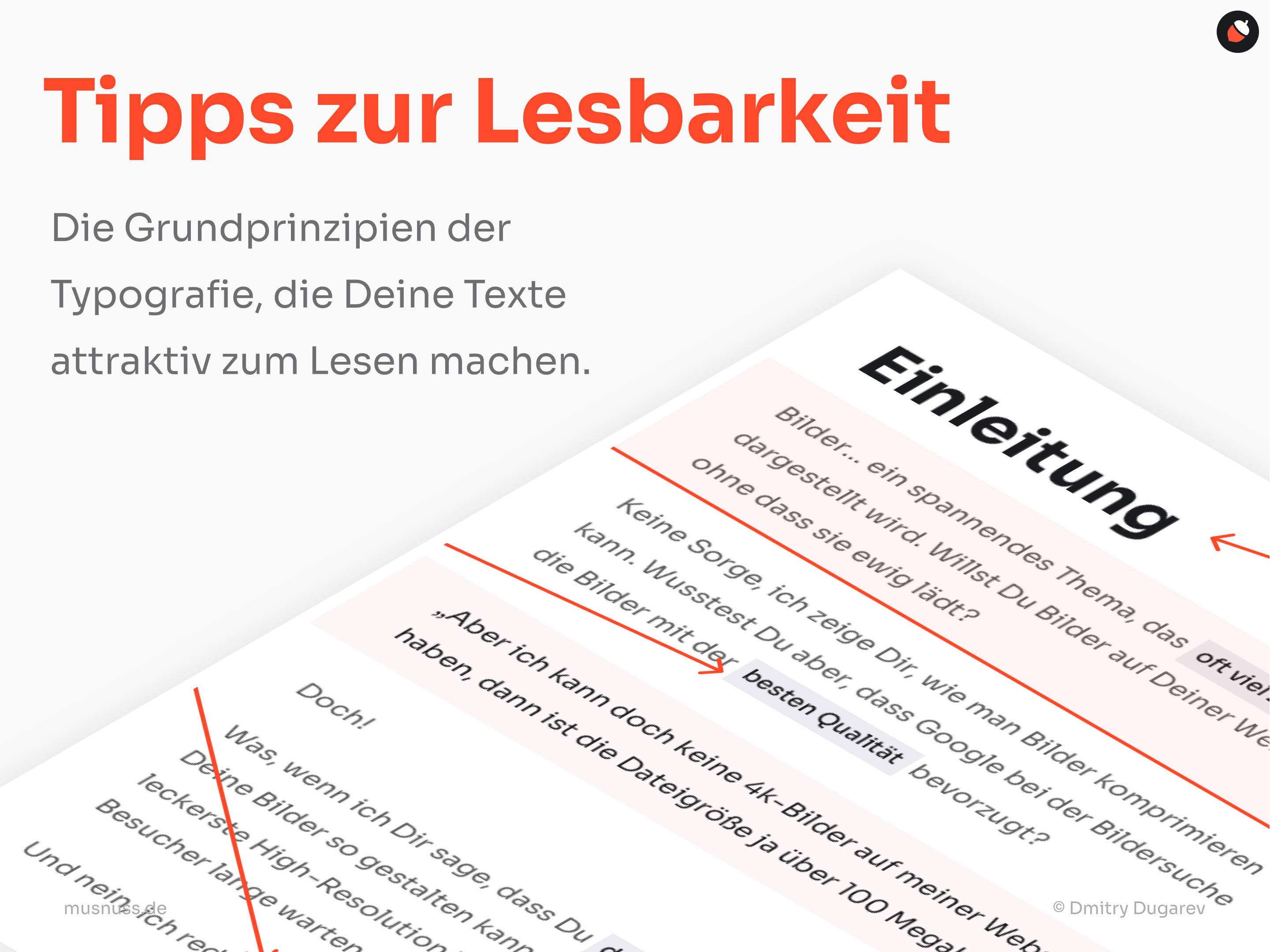 Das Bild zeigt eine Präsentationsfolie oder ein Titelbild mit dem Titel „Tipps zur Lesbarkeit“. Darunter befindet sich der Untertitel: „Die Grundprinzipien der Typografie, die Deine Texte attraktiv zum Lesen machen.“ Die rechte Seite des Bildes zeigt einen Ausschnitt eines Textdokuments mit verschiedenen typografischen Elementen, wie Überschriften, hervorgehobenen Worten und Absätzen. Die Farben sind überwiegend in hellem Rot und Grau gehalten, was die Lesbarkeit und visuelle Attraktivität betont.