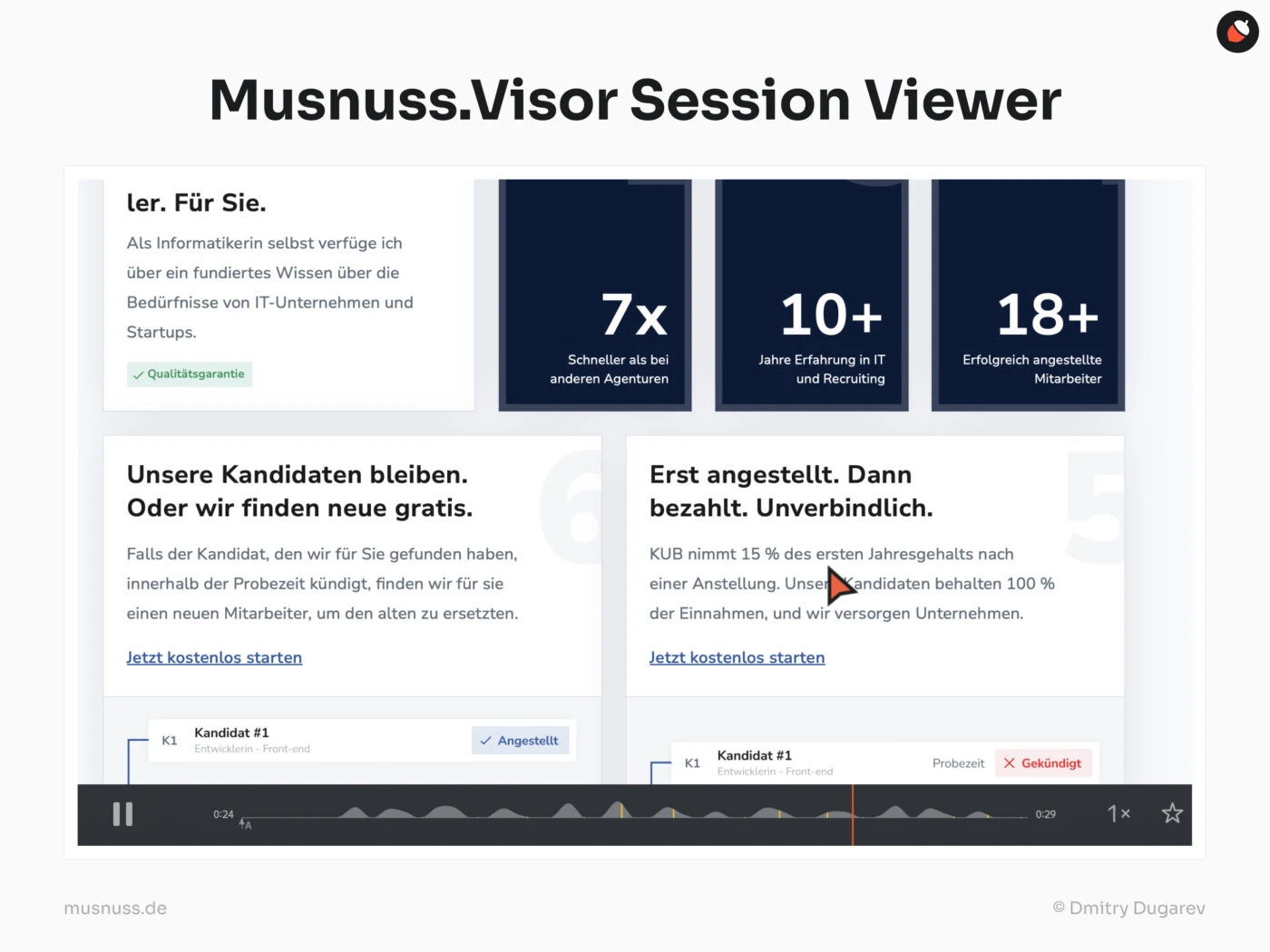 Die Abbildung zeigt ein Beispiel für den Musnuss.Visor Session Viewer. Es ist eine Benutzeroberfläche zu sehen, die verschiedene Statistiken und Informationen zur Rekrutierung anzeigt, darunter die Geschwindigkeit, Erfahrung und erfolgreich angestellte Mitarbeiter. Unten wird eine Videoaufzeichnung einer Sitzung mit einem Fortschrittsbalken und Steuerelementen angezeigt.