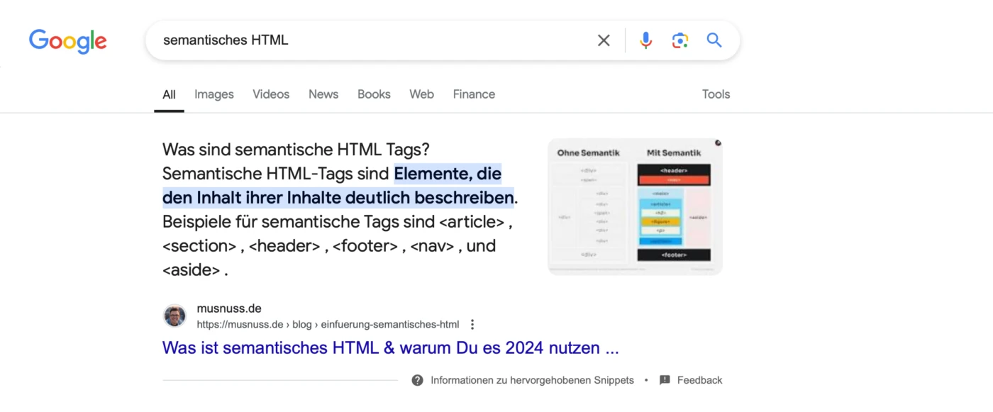 Das Bild zeigt den Artikel von mir am ersten Platz bei Google für die Suchanfrage "semantisches HTML"