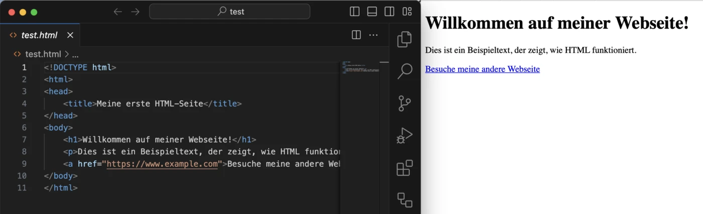 Das Bild zeigt eine grundlegende HTML-Demo, die den Quellcode und die Darstellung im Browser nebeneinander vergleicht. Links im Bild ist der HTML-Code in einem Editor zu sehen, der eine einfache Struktur einer Webseite zeigt. Der Code beinhaltet einen Titel "Meine erste HTML-Seite", eine Überschrift "Willkommen auf meiner Webseite!" und einen Absatz mit einem Link zu einer anderen Webseite. Rechts im Bild ist die Ausgabe dieses Codes im Browser zu sehen, wo die Überschrift, der Beispieltext und der anklickbare Link dargestellt werden.