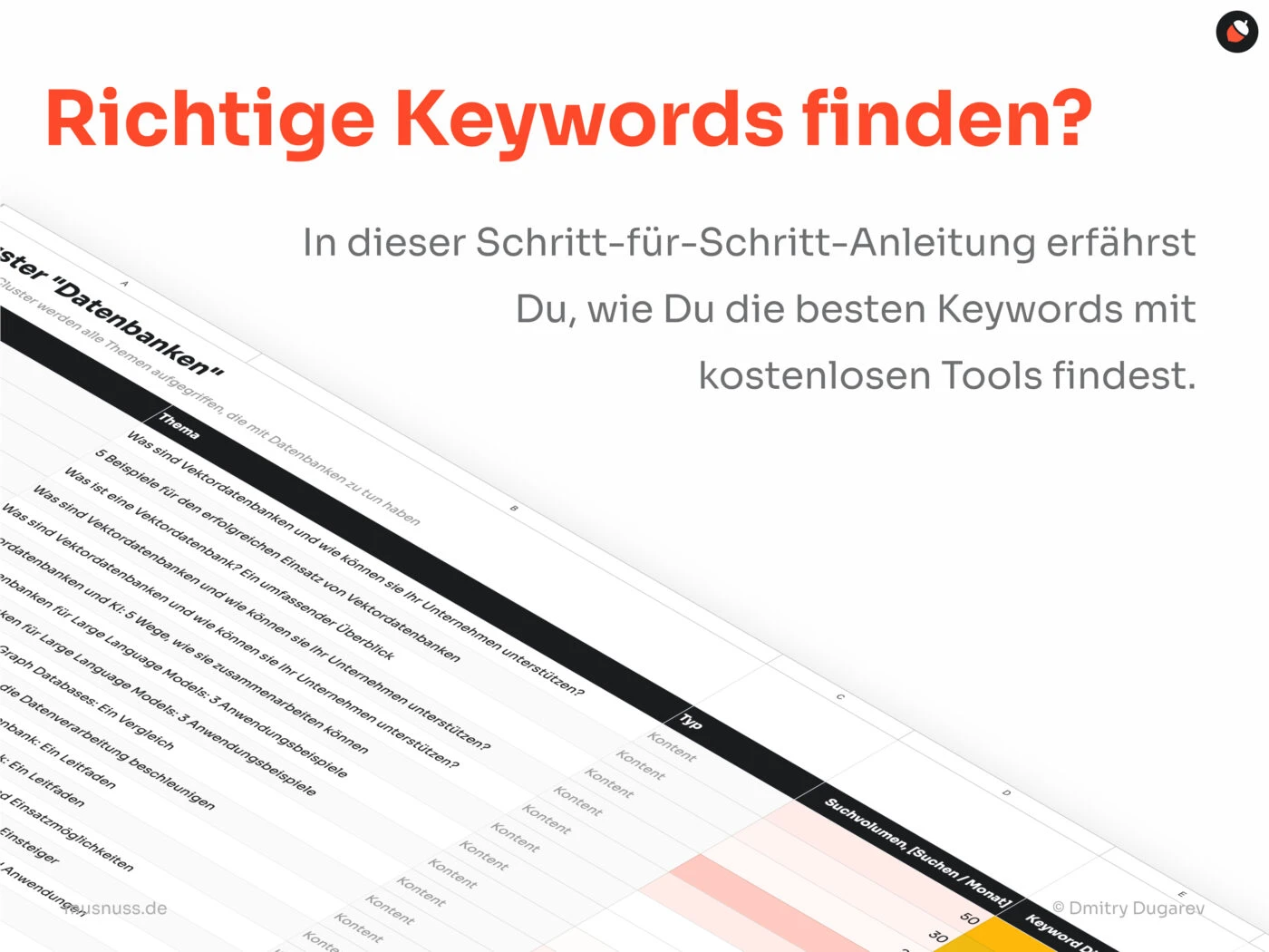 Das Bild zeigt eine Überschrift "Richtige Keywords finden?" in roter Schrift. Darunter steht in grauer Schrift: "In dieser Schritt-für-Schritt-Anleitung erfährst Du, wie Du die besten Keywords mit kostenlosen Tools findest." Im Hintergrund ist eine Tabelle zum Thema "Cluster 'Datenbanken'" zu sehen, die verschiedene Keywords und deren Eigenschaften wie Suchvolumen und Keyword-Schwierigkeit auflistet. Diese Grafik dient als Anleitung zur Nutzung von kostenlosen Tools für die Keyword-Recherche.