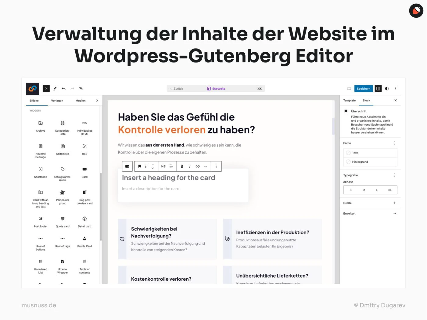 Das Bild zeigt die Erstellung eines Blogbeitrags im WordPress-Gutenberg-Editor. Links sind verschiedene Blockelemente wie HTML, Listen und Call-to-Action-Blöcke zu sehen. Der Hauptbereich enthält den Beitragstitel "Bilder Optimierung: Kompletter Leitfaden für Top-Ranking 2024" und eine Einführung zur Bildoptimierung für SEO. Rechts befinden sich Einstellungen wie Sichtbarkeit, Veröffentlichungsdatum, URL, Autor und Kategorien. Der Beitrag ist zur Veröffentlichung am 17. Juni 2024 geplant.