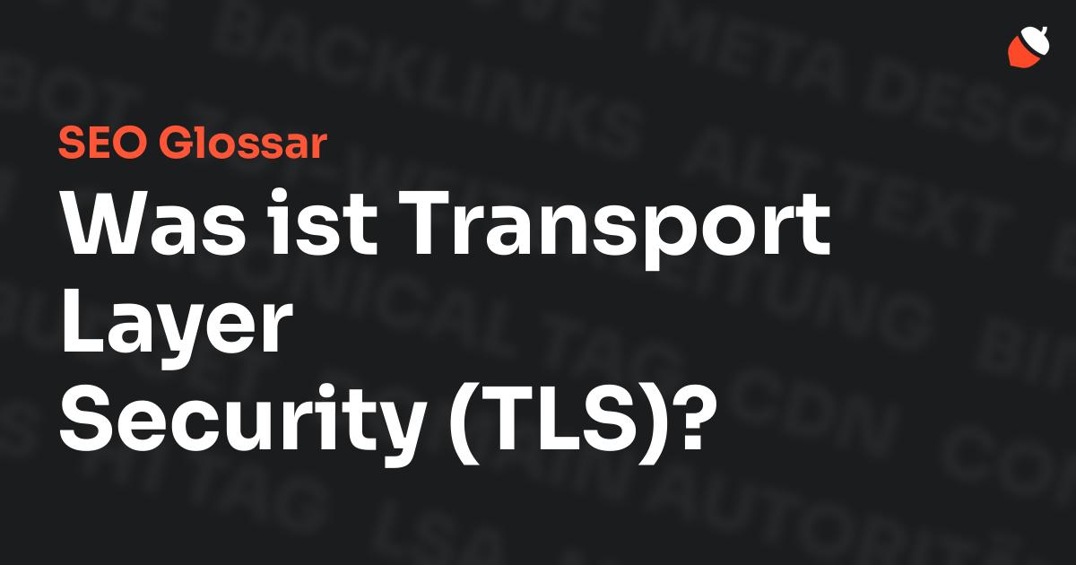 Das Bild zeigt den Titel „SEO Glossar: Was ist Transport Layer Security (TLS)?“ vor einem dunklen Hintergrund mit verblassten Begriffen aus dem Bereich SEO, wie „Backlinks“, „Alt Text“ und „Meta Description“. Oben rechts befindet sich ein minimalistisches Eichel-Symbol – das Logo von Musnuss™ – der Marketing Agentur von Dmitry Dugarev.